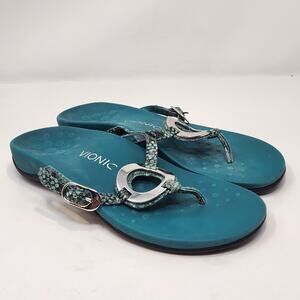 Vionic Karina Teal Silver Thong Sandal Women Size 7 Medallion Arch Comfort Shoes